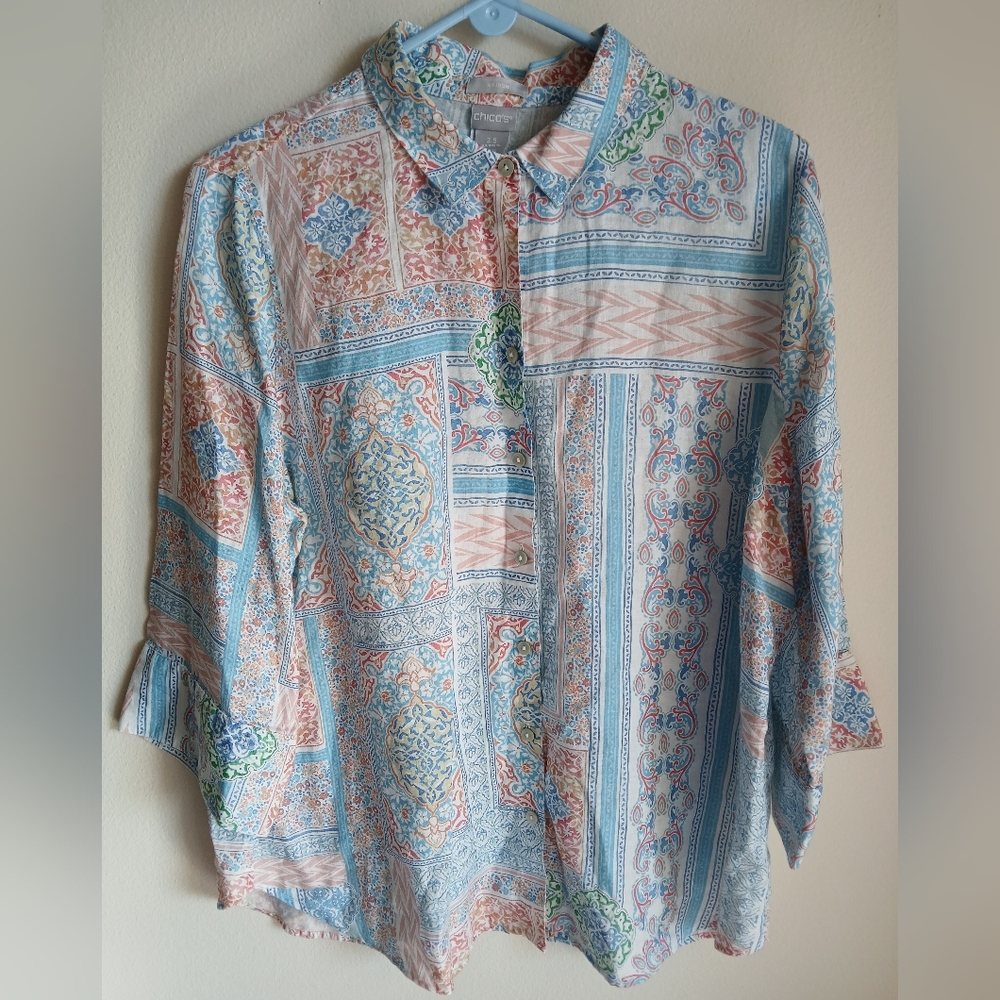 Chico's 100% Linen No Iron Multicolor Coastal Tile Button-Up Shirt Boho Size 14